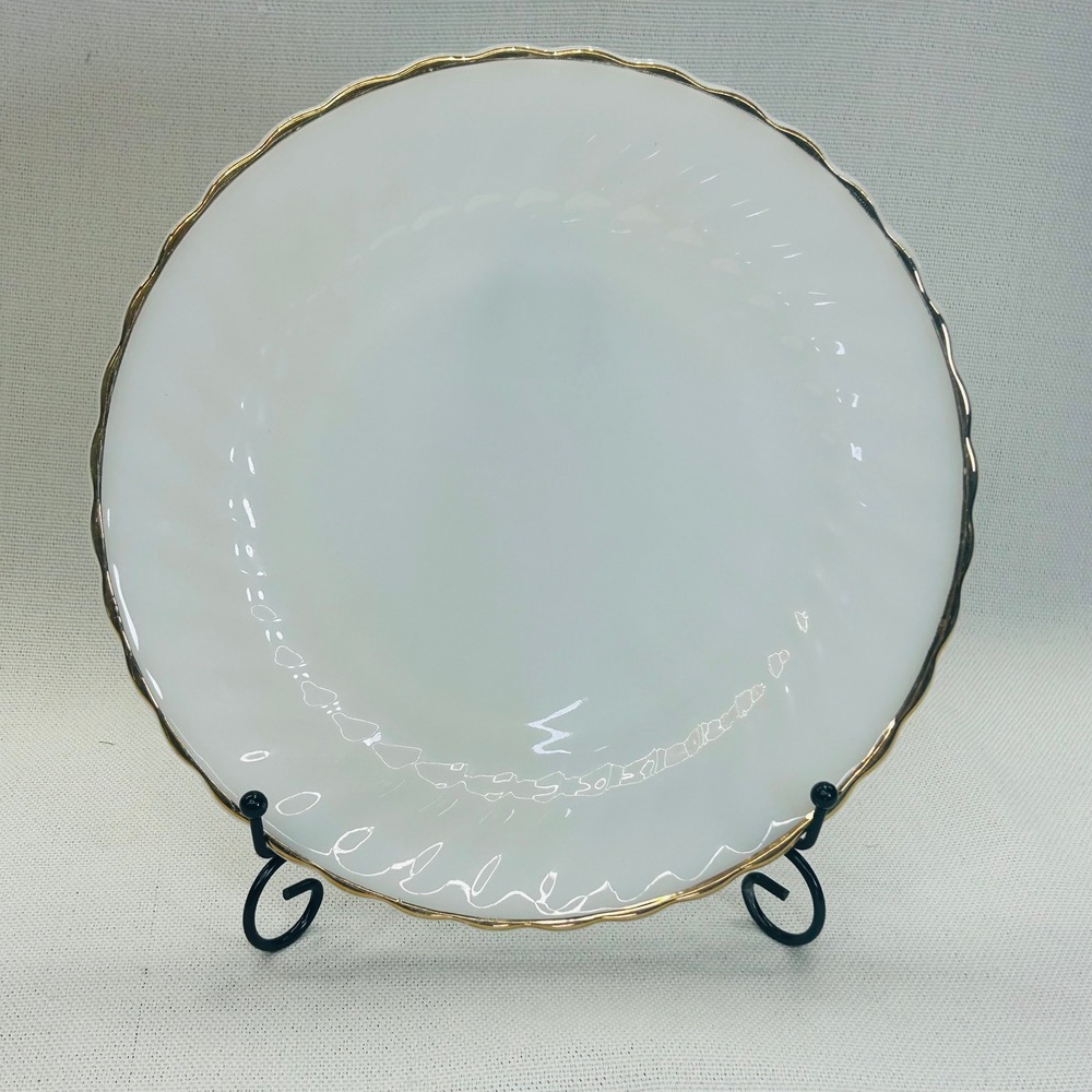 Anchor Hocking Fire-King Milk Glass Dinner Plate 9.5" White Swirl Gold Rim USA